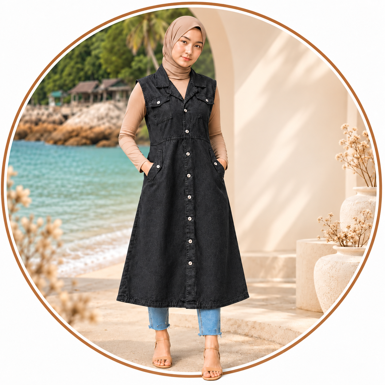 Ark Clo Gaun Sleeveless Maxi Baju Denim dengan Butang Penuh & Poket Praktikal Untuk Gaya Modest